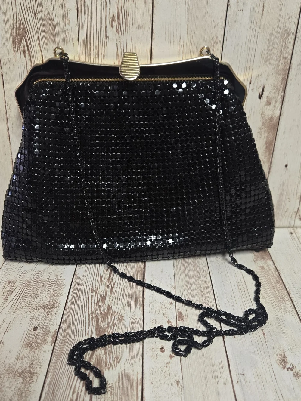 Vintage Black Metal Mesh Evening Bag Gold Tone Frame Chain Strap Purse